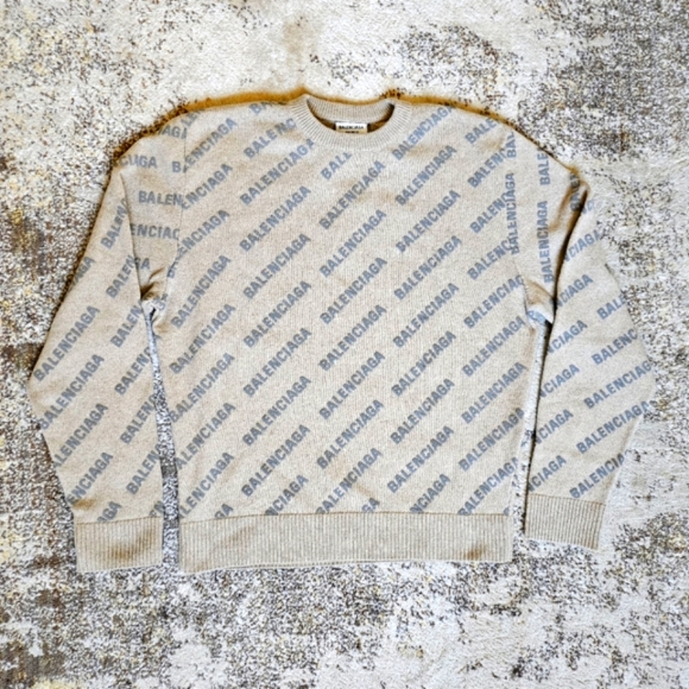 Balenciaga UNISEX Beige S M 2 4 Cashmere Reflector 3M Mini All Over Logo Sweater